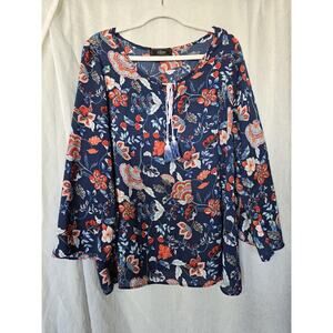Womens 1X Navy, Rust Red,‎ Faux Embroidery Fall Floral Tunic Top